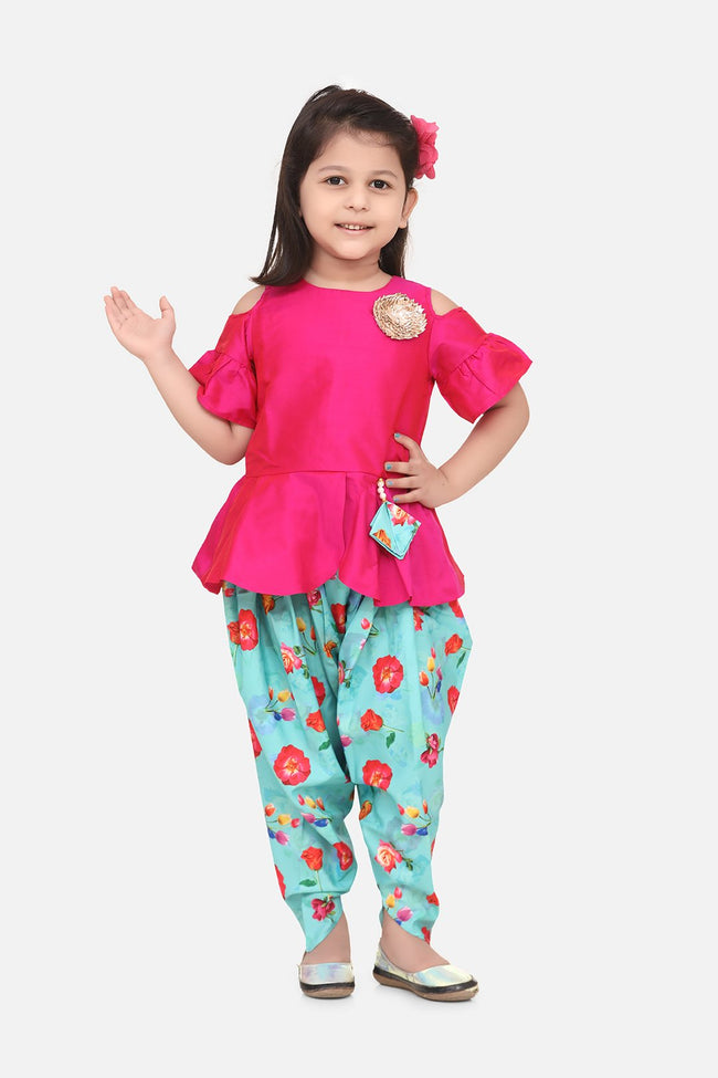 Lilpicks Hot Pink Peplum Suit with Green Floral Dhoti Set