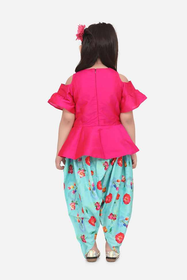 Lilpicks Hot Pink Peplum Suit with Green Floral Dhoti Set