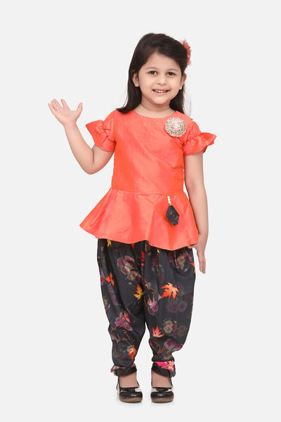 Lilpicks Orange Peplum Suit with Dark Grey Floral Dhoti Set