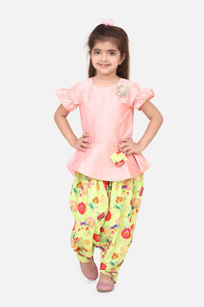 Lilpicks Baby Pink Peplum Suit with Lime Green Dhoti Set