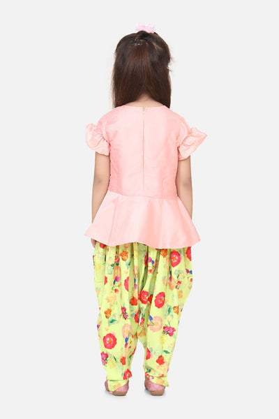 Lilpicks Baby Pink Peplum Suit with Lime Green Dhoti Set