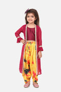 Lilpicks wine crop top printed Dhoti with georgette jacket set