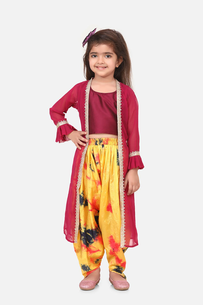 Lilpicks wine crop top printed Dhoti with georgette jacket set