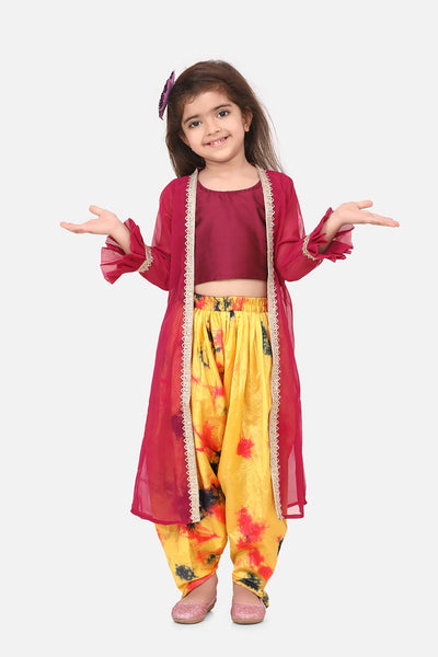 Lilpicks wine crop top printed Dhoti with georgette jacket set