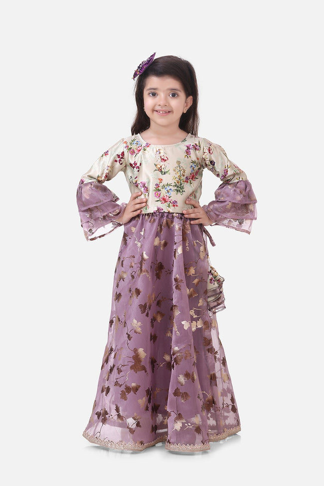 Lilpicks Floral Top with Wine Organza Skrit Set