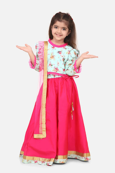 Lilpicks Floral Sea Green Choli with Hot Pink lehenga with Dupatta Set