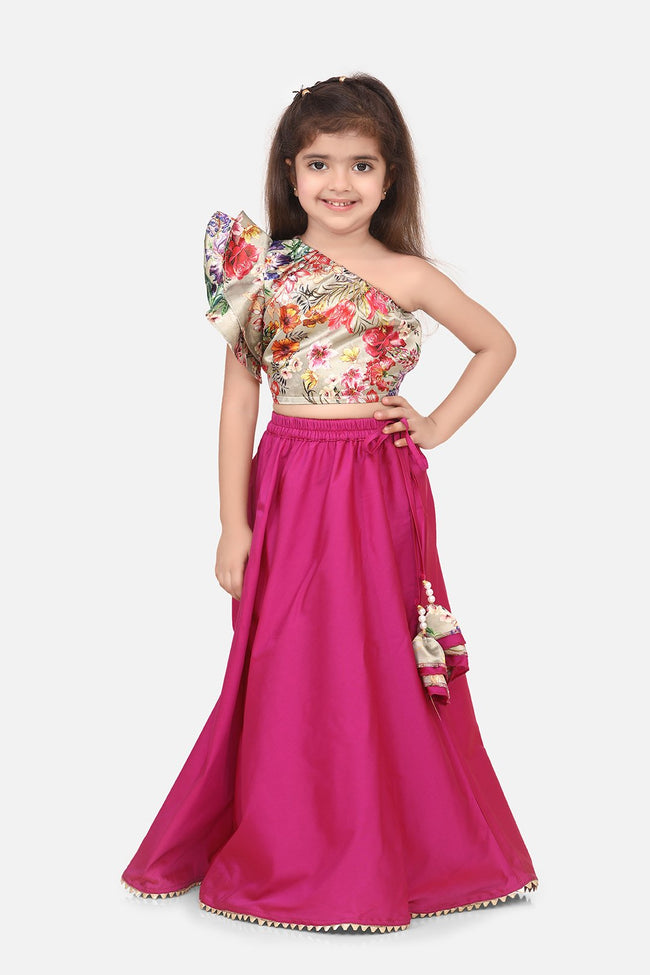 Lilpicks Floral One Side Shoulder Top with Wine Lehenga Set