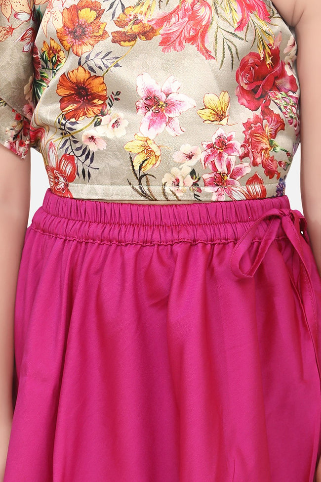 Lilpicks Floral One Side Shoulder Top with Wine Lehenga Set