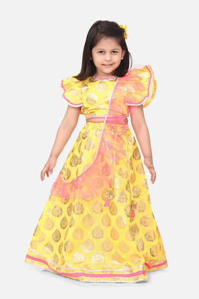 Lilpicks Bright Yellow Motif Ruffle Lehenga Set 