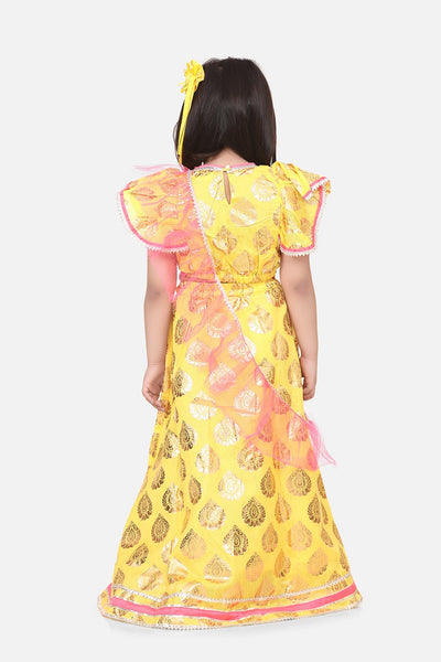 Lilpicks Bright Yellow Motif Ruffle Lehenga Set 