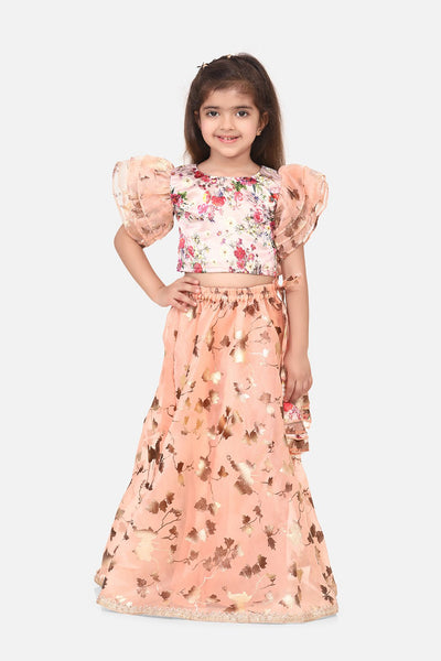 Lilpicks Floral Frilly Top with Peach Lehenga Set