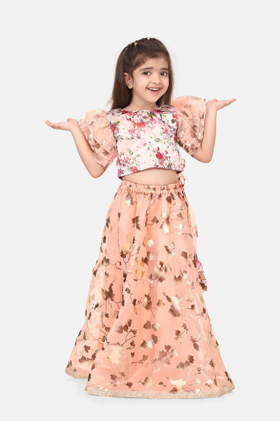 Lilpicks Floral Frilly Top with Peach Lehenga Set