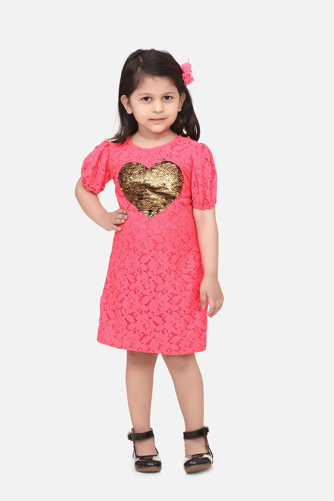 Neon Pink Mesh sequin Patch Heart Dress