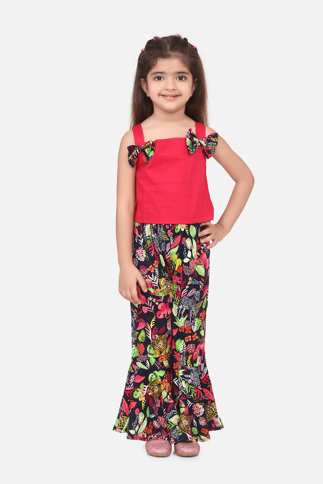 Dark Pink Crop Top with flared Pant Set