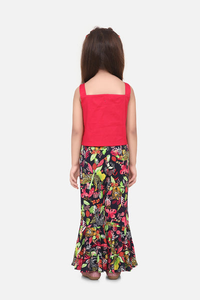 Dark Pink Crop Top with flared Pant Set