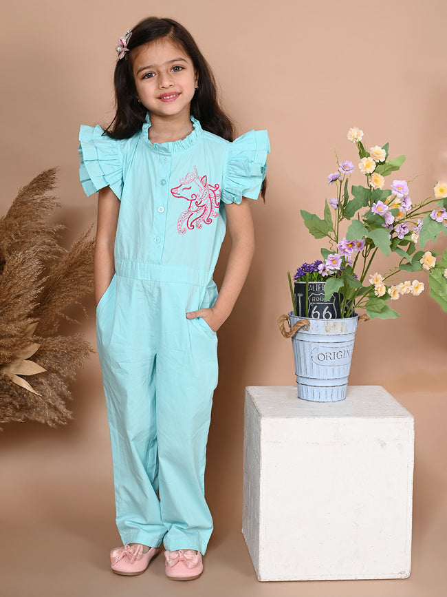 Unicorn Embrodiery Sky Blue Full Jumpsuit