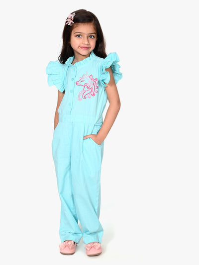 Unicorn Embrodiery Sky Blue Full Jumpsuit
