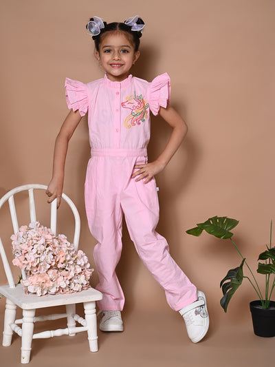 Unicorn Embrodiery Baby Pink Full Jumpsuit