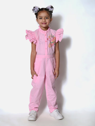 Unicorn Embrodiery Baby Pink Full Jumpsuit