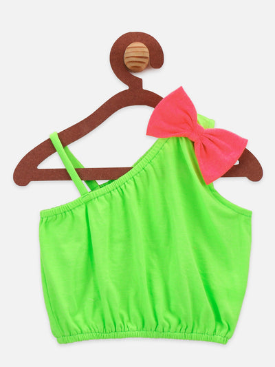 Neon Green Bow Crop top with Pink Floral Skrit Set