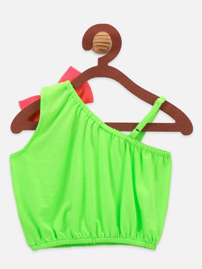 Neon Green Bow Crop top with Pink Floral Skrit Set