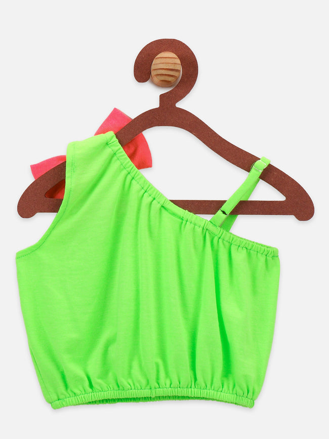 Neon Green Bow Crop top with Pink Floral Skrit Set