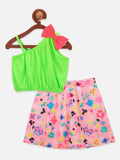 Neon Green Bow Crop top with Pink Floral Skrit Set