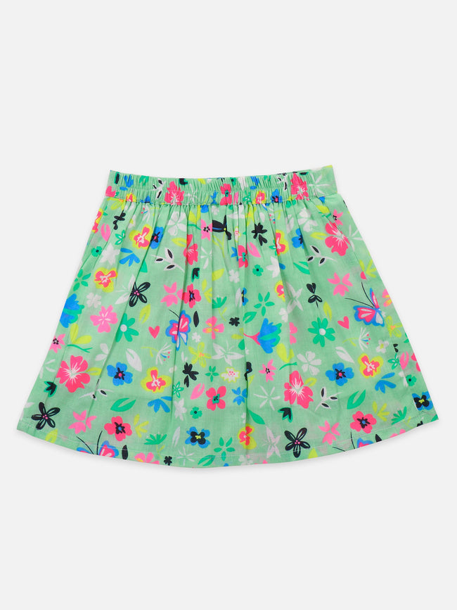 Neon Pink Bow Crop top with Green Floral Skrit Set