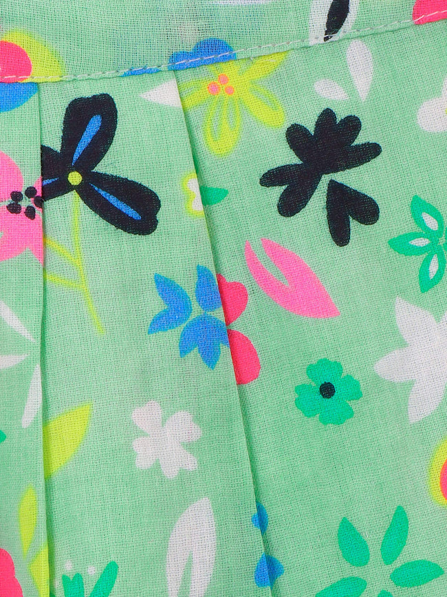 Neon Pink Bow Crop top with Green Floral Skrit Set