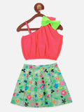 Neon Pink Bow Crop top with Green Floral Skrit Set