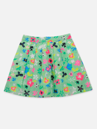 Neon Pink Bow Crop top with Green Floral Skrit Set