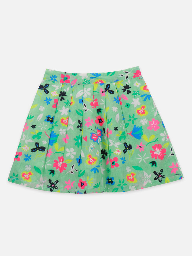 Neon Pink Bow Crop top with Green Floral Skrit Set