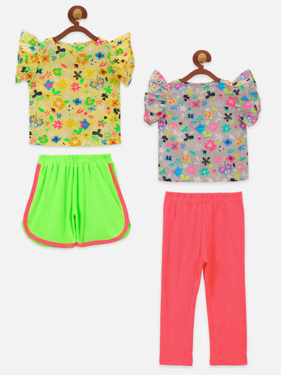 Floral two tops with Neon Green Shorts and Neon Pink Legging