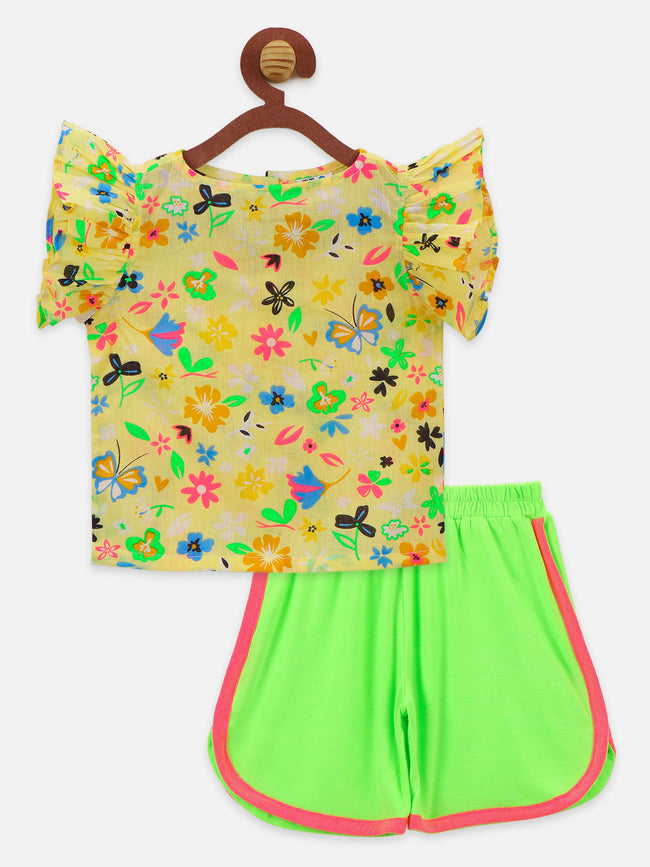 Floral two tops with Neon Green Shorts and Neon Pink Legging