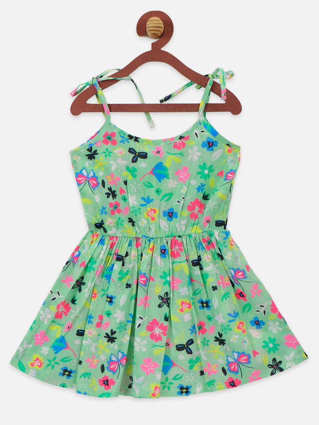 Green Flower Printed Bow Strappy Dress