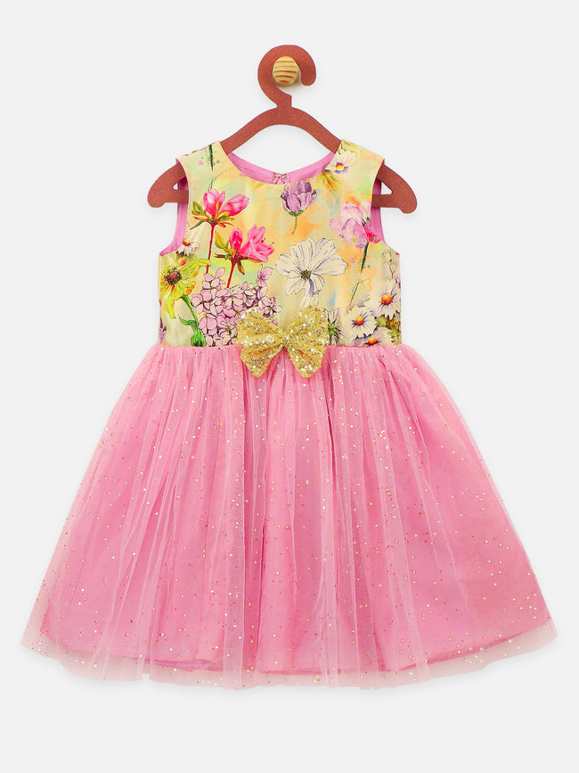 Floral Pink Digital Print Shimmer Partywear Dress