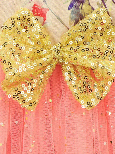 Elegant Peach Digital Print Shimmer Partywear Dress