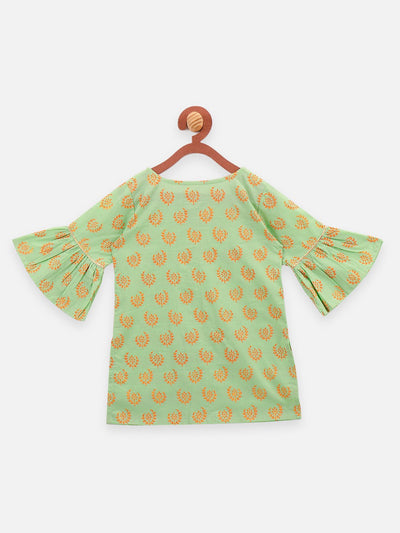 Lilpicks Pista Green Block Print With Orange Gharara Set
