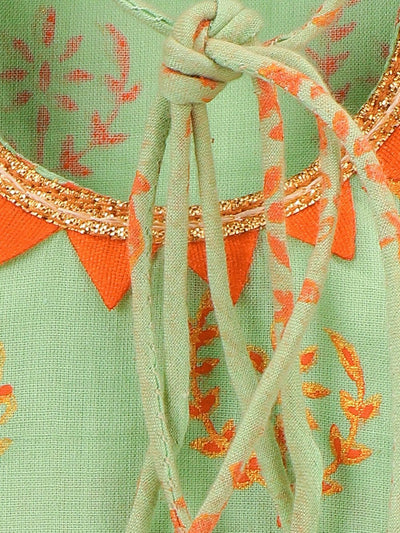 Lilpicks Pista Green Block Print With Orange Gharara Set