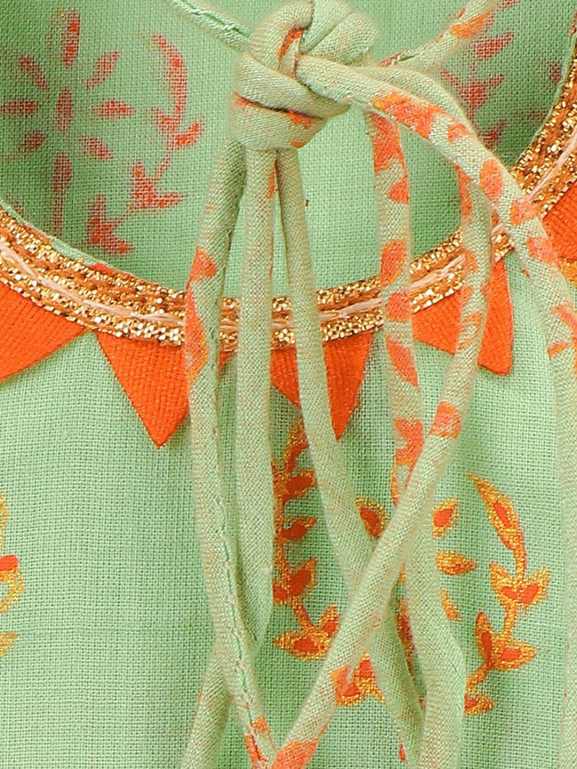 Lilpicks Pista Green Block Print With Orange Gharara Set