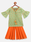 Lilpicks Pista Green Block Print With Orange Gharara Set