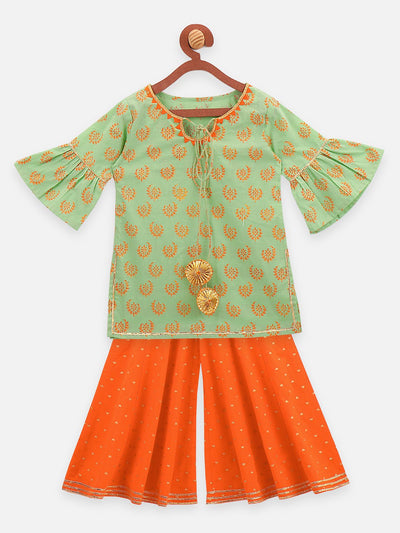 Lilpicks Pista Green Block Print With Orange Gharara Set