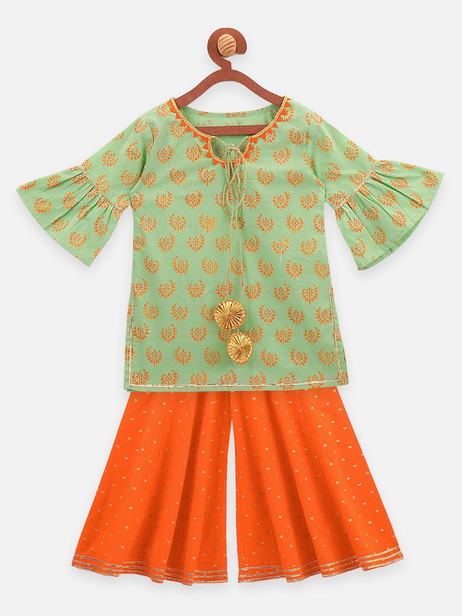 Lilpicks Pista Green Block Print With Orange Gharara Set