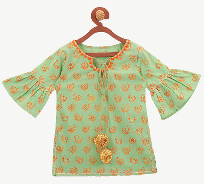 Lilpicks Pista Green Block Print With Orange Gharara Set