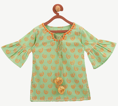 Lilpicks Pista Green Block Print With Orange Gharara Set
