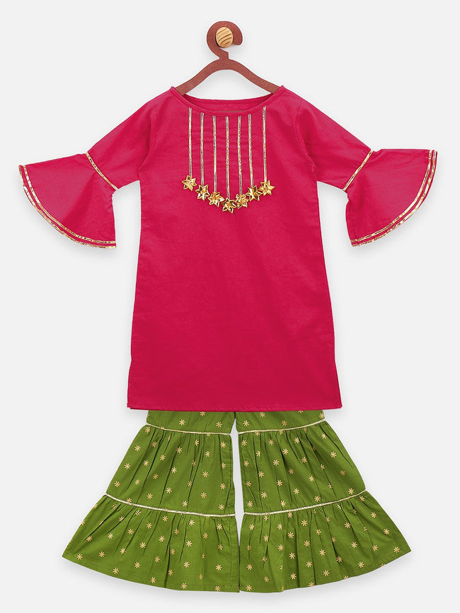 Lilpicks Magenta Bell Sleeves Gota Kurta with Sharara Set