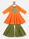 Lilpicks Orange Gota Peplum Kurta with Flared Sharara Set