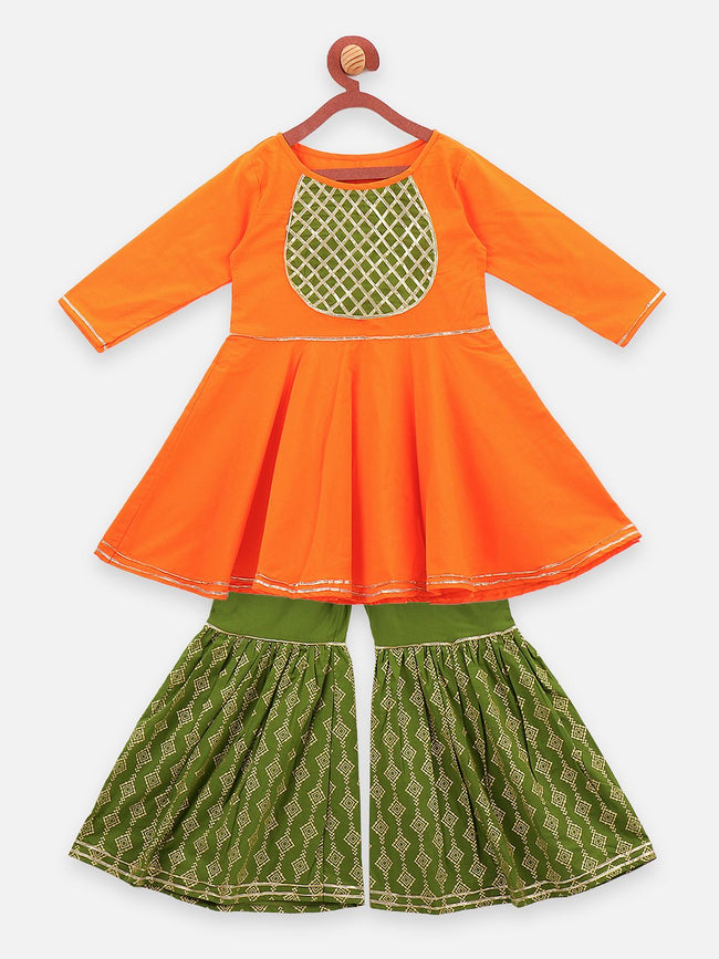 Lilpicks Orange Gota Peplum Kurta with Flared Sharara Set