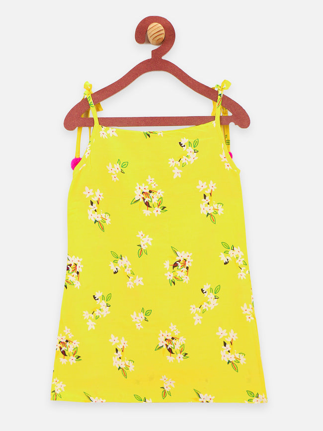 1 Yellow Orange pompom flora printed strappy kurti with sharara set