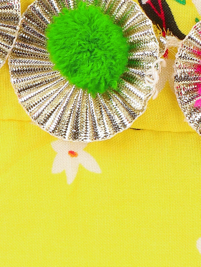 1 Yellow Orange pompom flora printed strappy kurti with sharara set